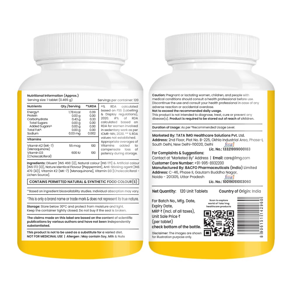 TATA 1MG Vitamin D3 + K2 MK-7 Supplement, 600 IU D3, 55 mcg K2, Lichen Sourced, Vegetarian Tablets - front view (9)