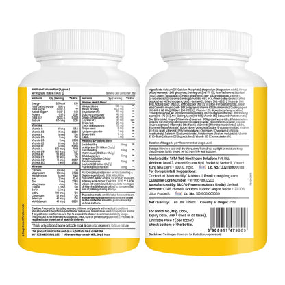 TATA 1MG Women's Multivitamin Dietary Supplement Veg Tablets with Zinc, Vitamin C, Calcium, Vitamin D & Iron, 52g - front vie