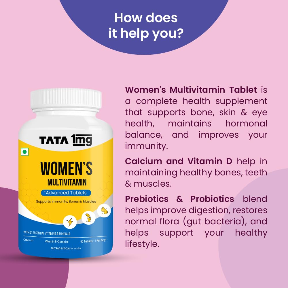 TATA 1MG Women's Multivitamin Dietary Supplement Veg Tablets with Zinc, Vitamin C, Calcium, Vitamin D & Iron, 52g - label det