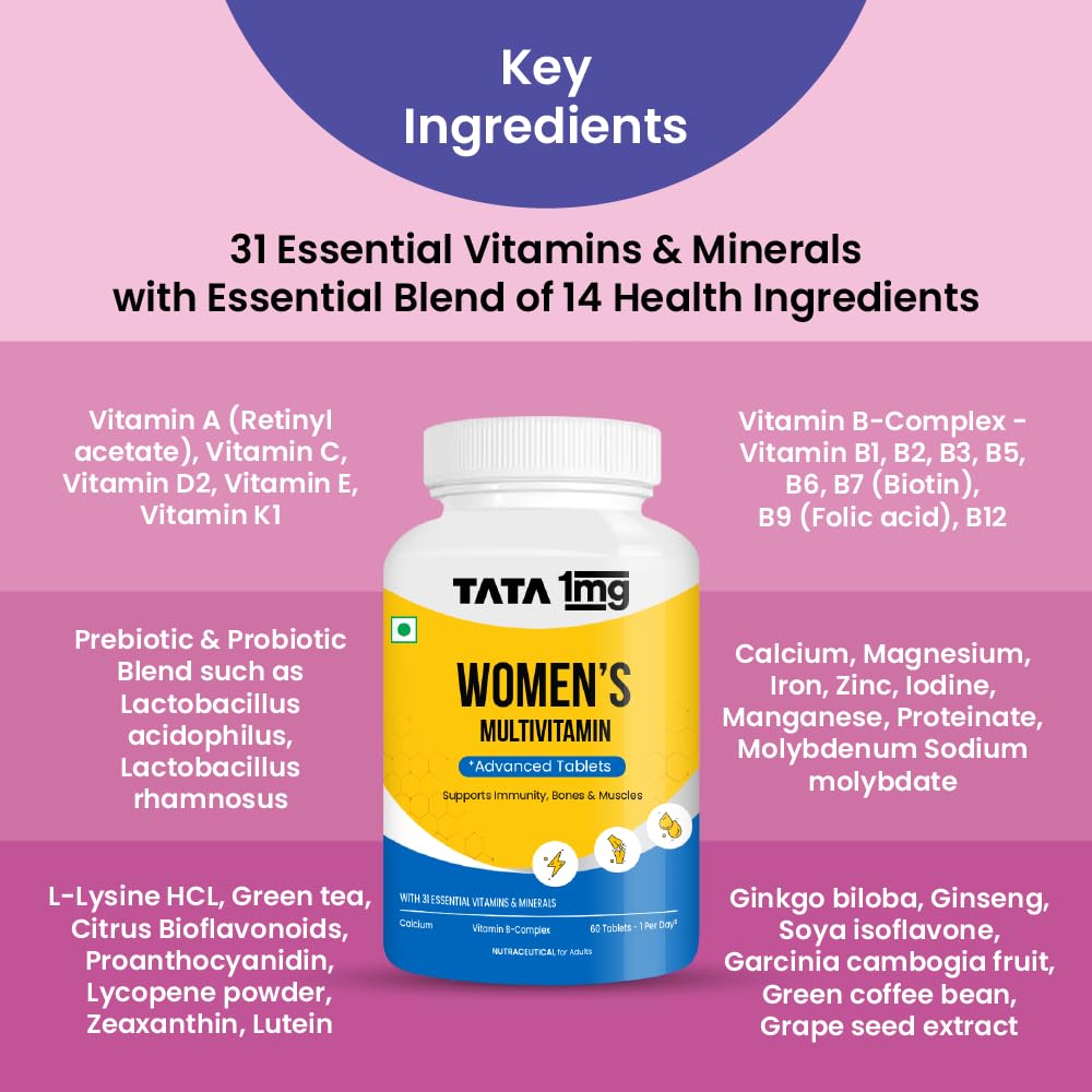 TATA 1MG Women's Multivitamin Dietary Supplement Veg Tablets with Zinc, Vitamin C, Calcium, Vitamin D & Iron, 52g - close-up 
