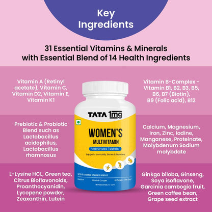 TATA 1MG Women's Multivitamin Dietary Supplement Veg Tablets with Zinc, Vitamin C, Calcium, Vitamin D & Iron, 52g - close-up 