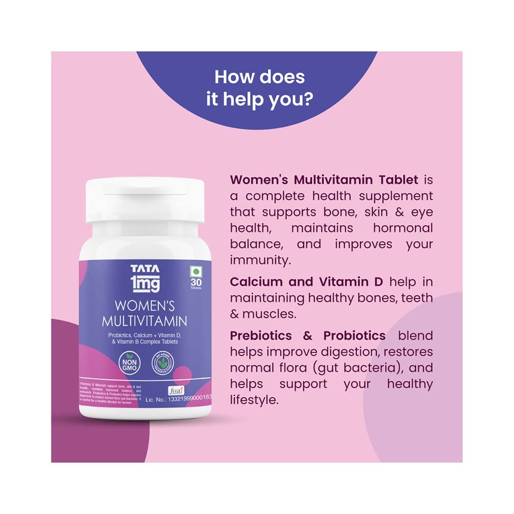 TATA 1MG Women's Multivitamin Dietary Supplement Veg Tablets with Zinc, Vitamin C, Calcium, Vitamin D & Iron, 52g - back view
