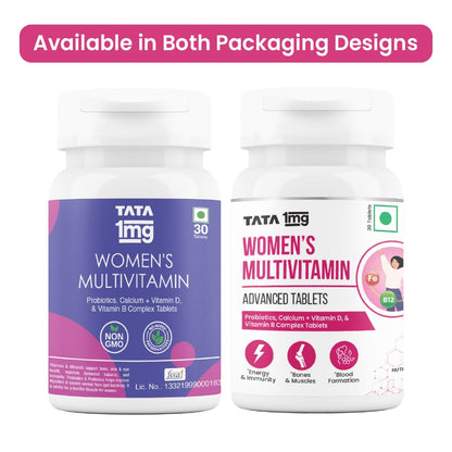 TATA 1MG Women's Multivitamin Dietary Supplement Veg Tablets with Zinc, Vitamin C, Calcium, Vitamin D & Iron, 52g - packaging