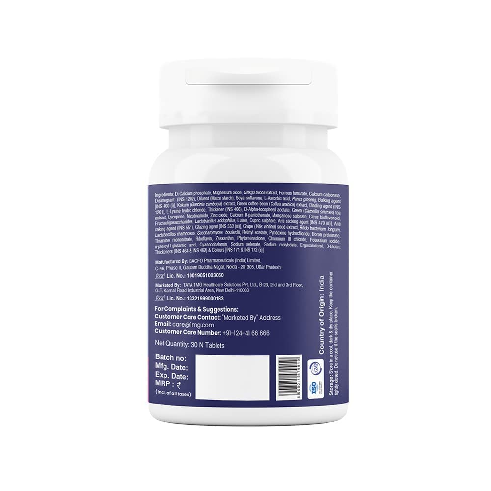 TATA 1MG Women's Multivitamin Dietary Supplement Veg Tablets with Zinc, Vitamin C, Calcium, Vitamin D & Iron, 52g - label det