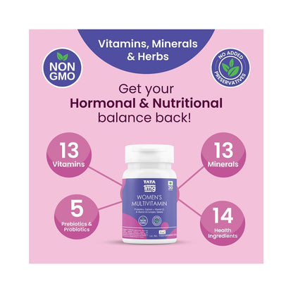 TATA 1MG Women's Multivitamin Dietary Supplement Veg Tablets with Zinc, Vitamin C, Calcium, Vitamin D & Iron, 52g - close-up