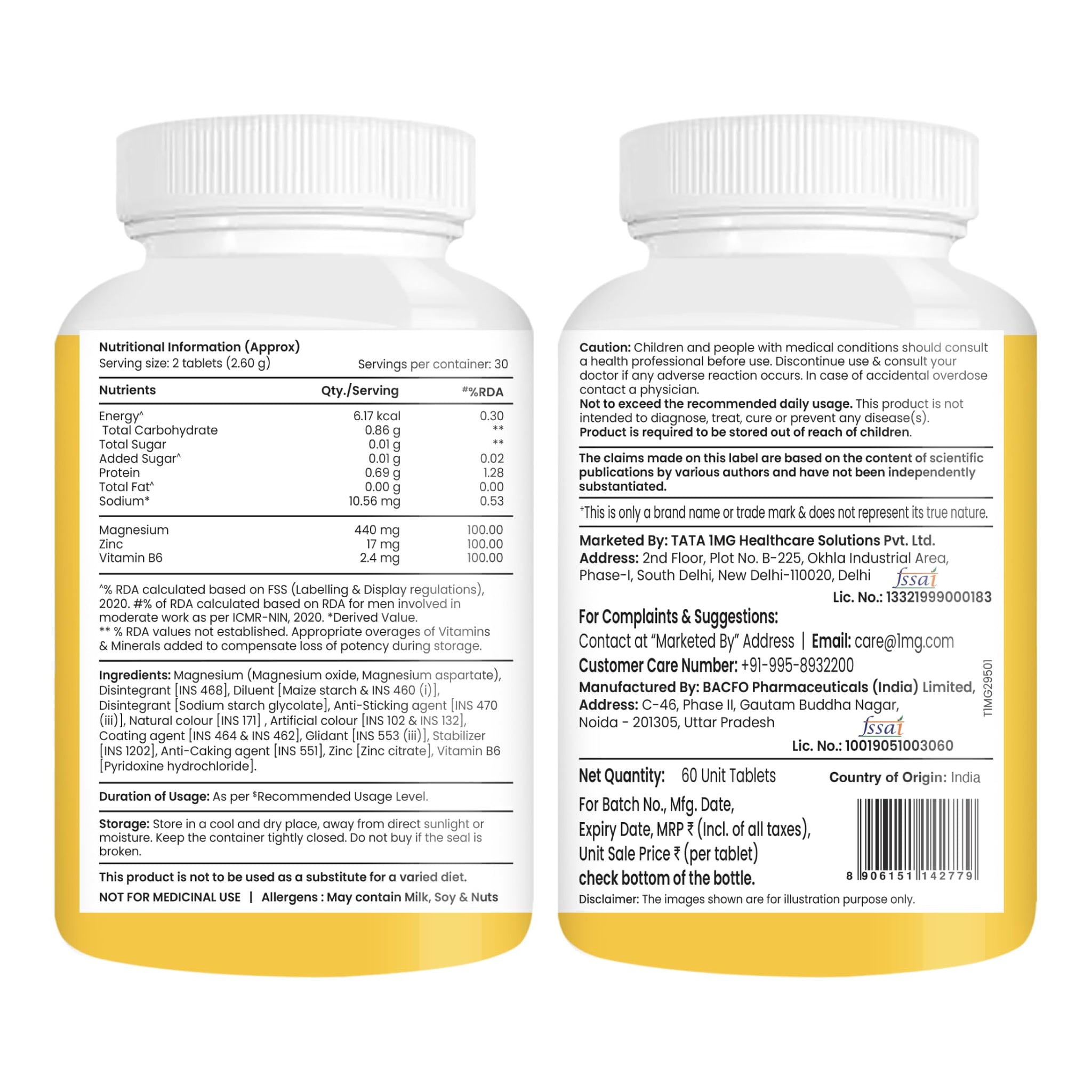 TATA 1MG ZMA+ Vitamin B6 Tablets, 60 Count, Mineral and Vitamin Supplement - front view