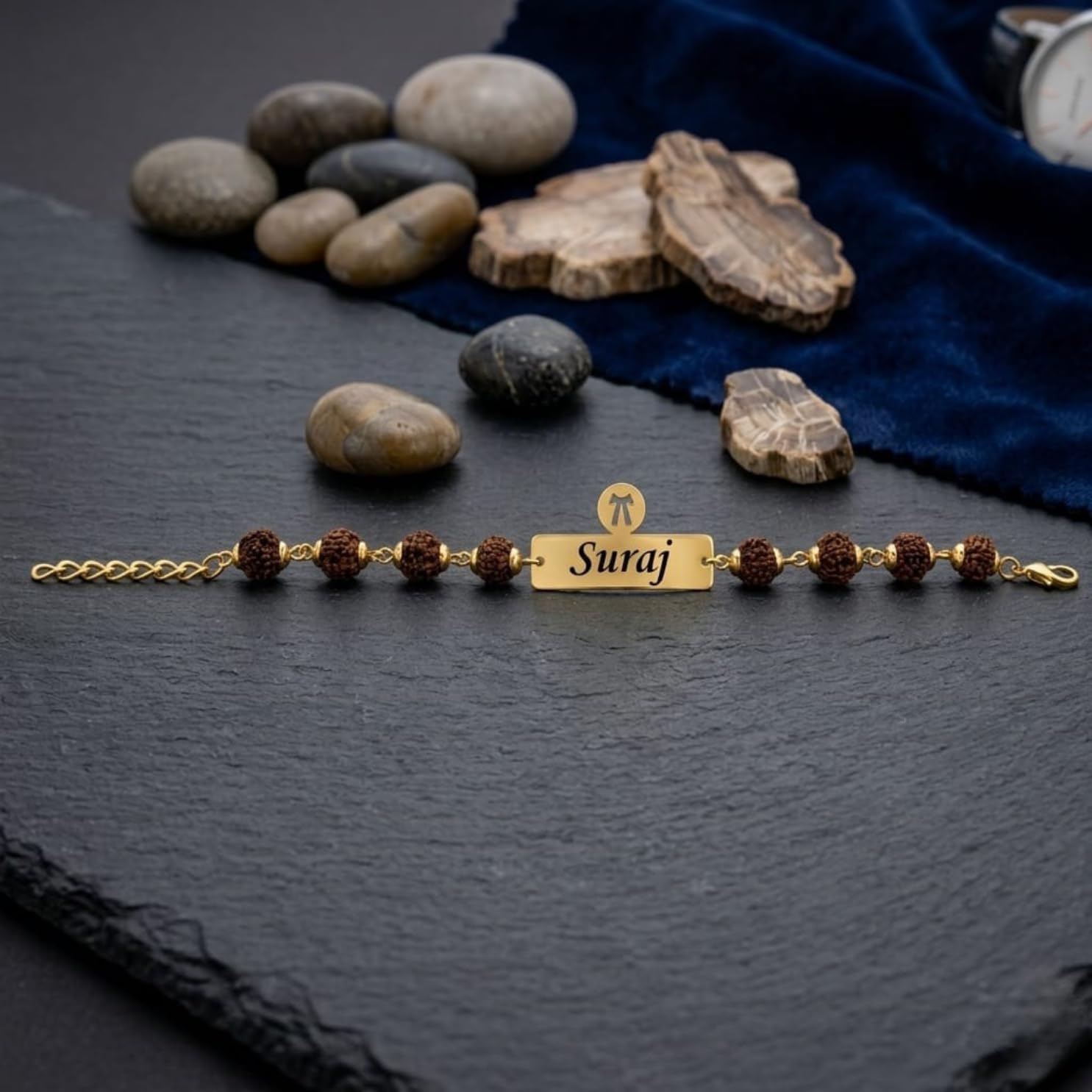 The Bae Gift Advocate Rudraksha Rakhi with Name | Personalized Name Rakhdi for Brother| Rakshabandhan Name Rudraksha Bracelet