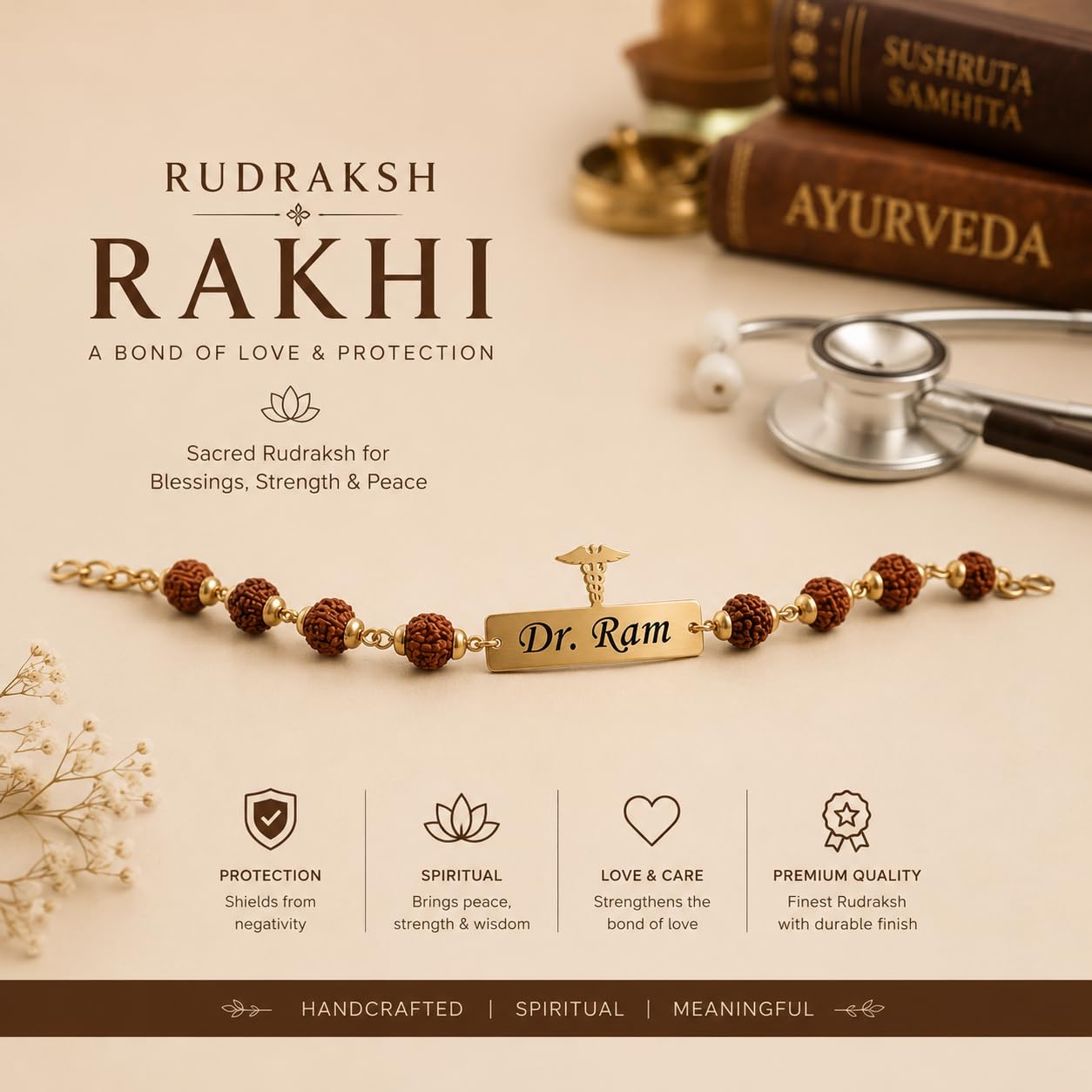 The Bae Gift Advocate Rudraksha Rakhi with Name | Personalized Name Rakhdi for Brother| Rakshabandhan Name Rudraksha Bracelet