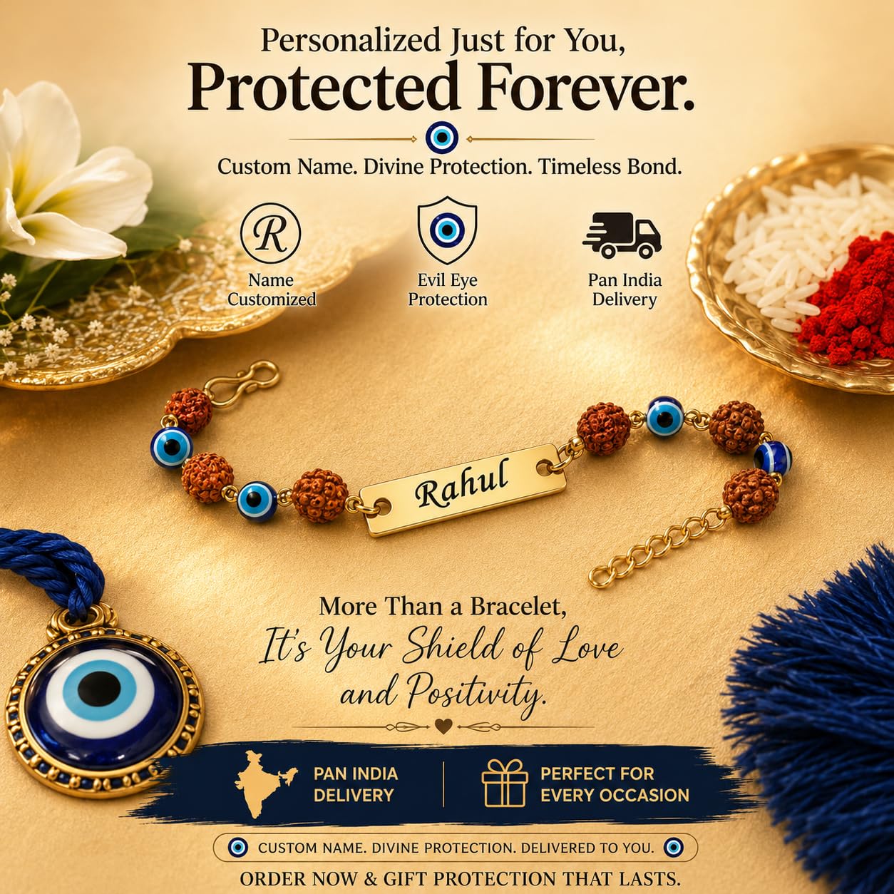 The Bae Gift Advocate Rudraksha Rakhi with Name | Personalized Name Rakhdi for Brother| Rakshabandhan Name Rudraksha Bracelet