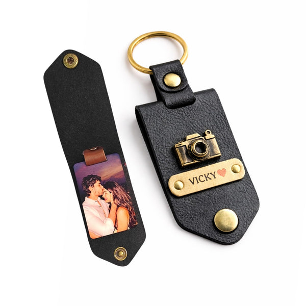 The Bae Gift Personalised Vegan Leather Keychain with Custom Name and Photo Slot, Unisex Modern Style
