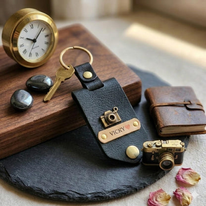 The Bae Gift Personalised Vegan Leather Keychain with Custom Name and Photo Slot, Unisex Modern Style - front view