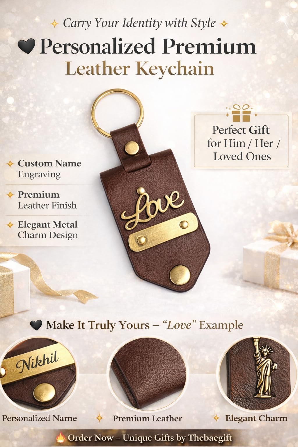 The Bae Gift Personalised Vegan Leather Keychain with Custom Name and Photo Slot, Unisex Modern Style - size and scale (20)