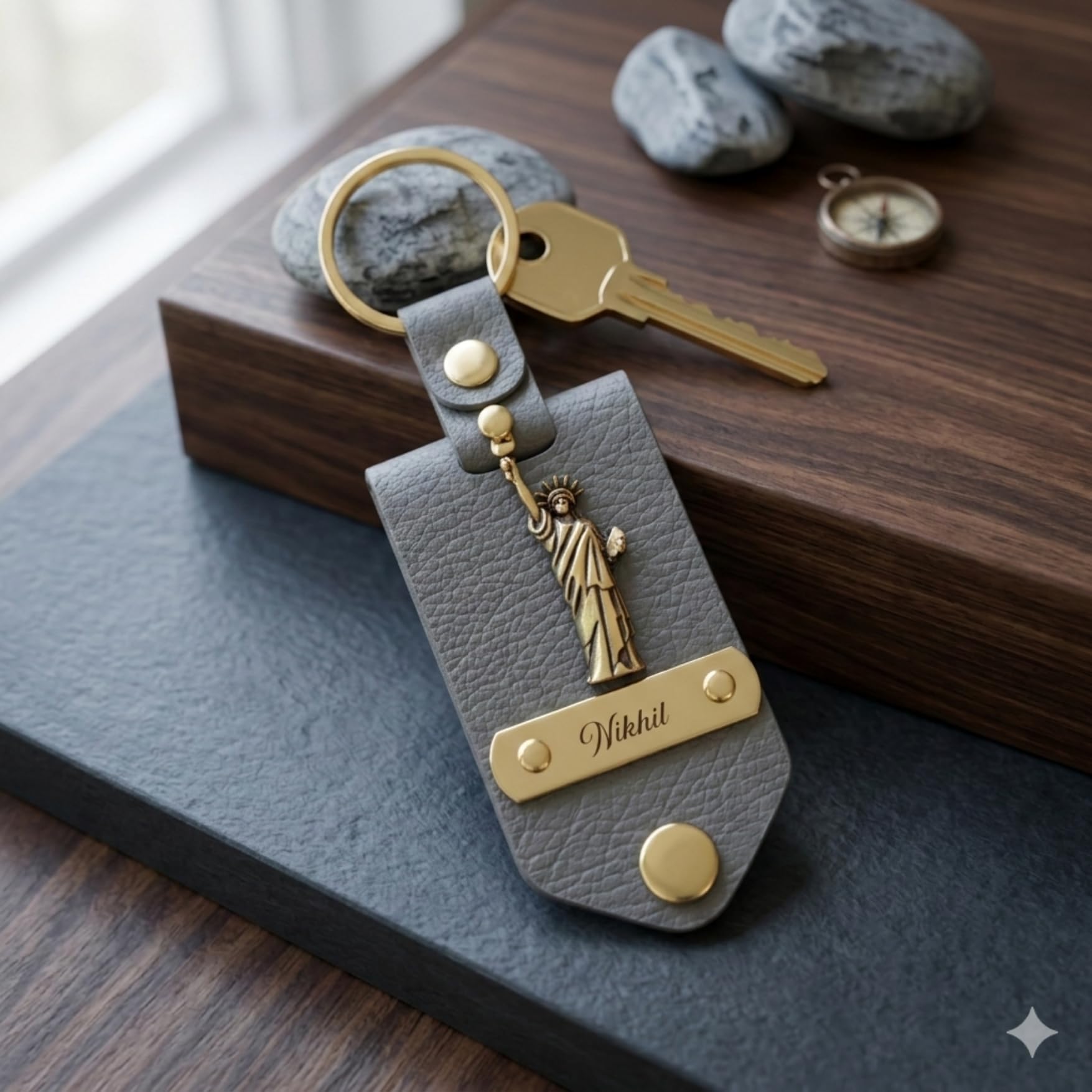 The Bae Gift Personalised Vegan Leather Keychain with Custom Name and Photo Slot, Unisex Modern Style - front view (22)