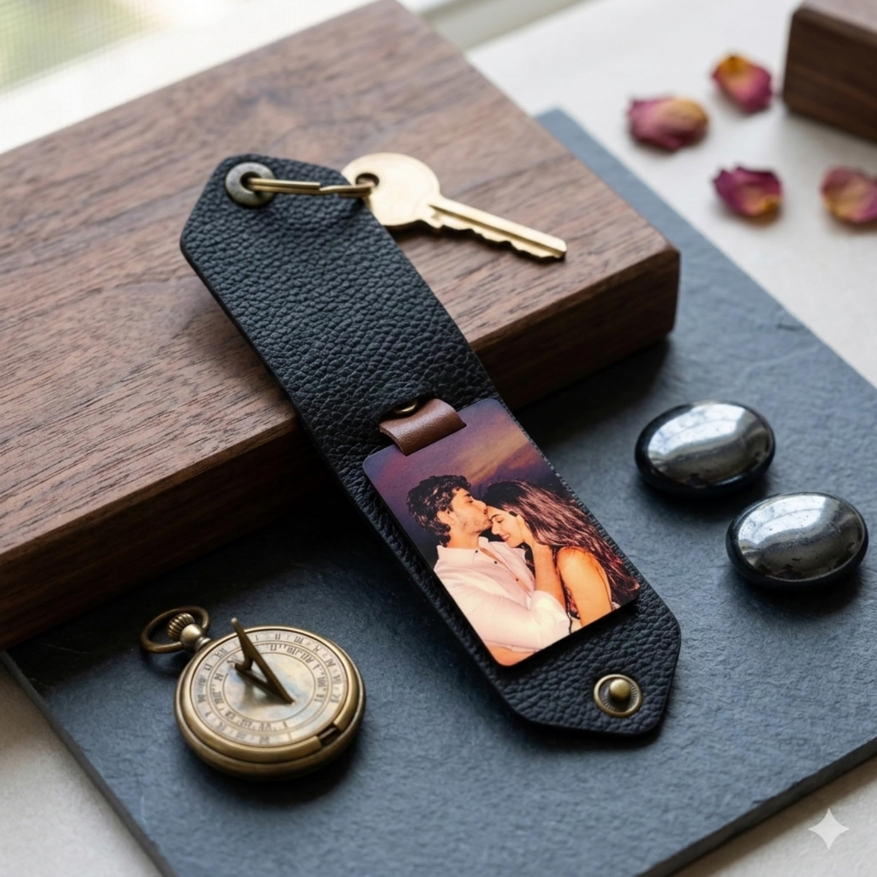 The Bae Gift Personalised Vegan Leather Keychain with Custom Name and Photo Slot, Unisex Modern Style - back view