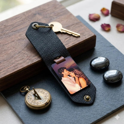 The Bae Gift Personalised Vegan Leather Keychain with Custom Name and Photo Slot, Unisex Modern Style - back view