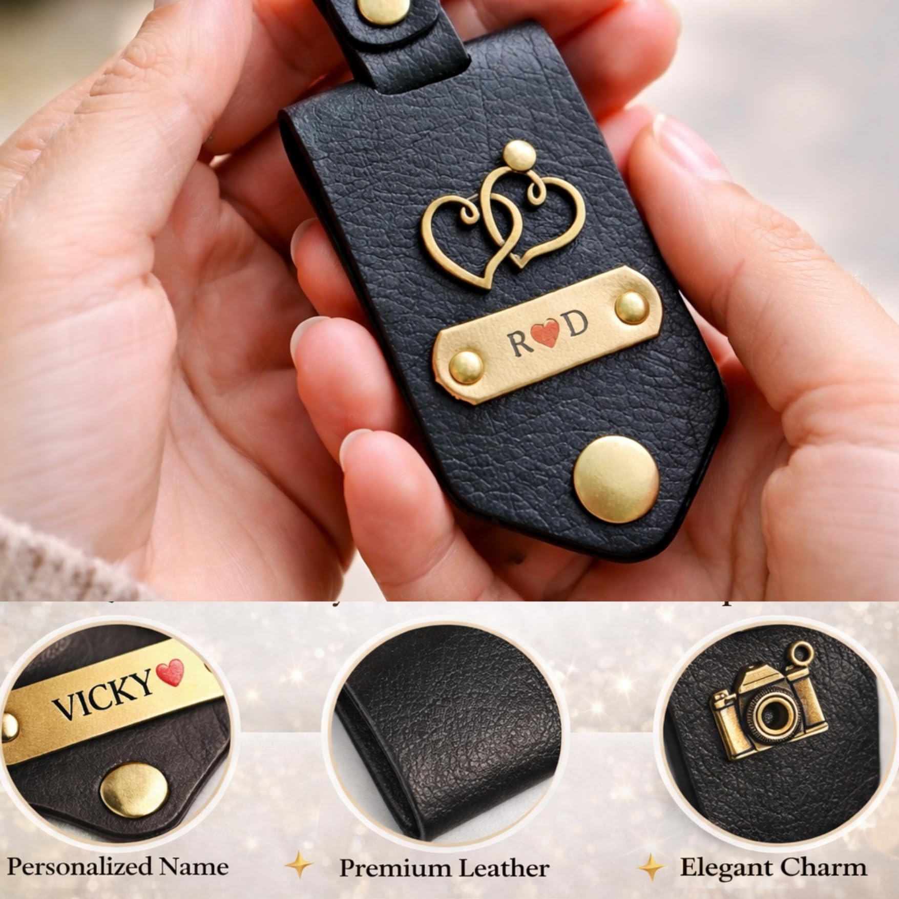 The Bae Gift Personalised Vegan Leather Keychain with Custom Name and Photo Slot, Unisex Modern Style - label detail