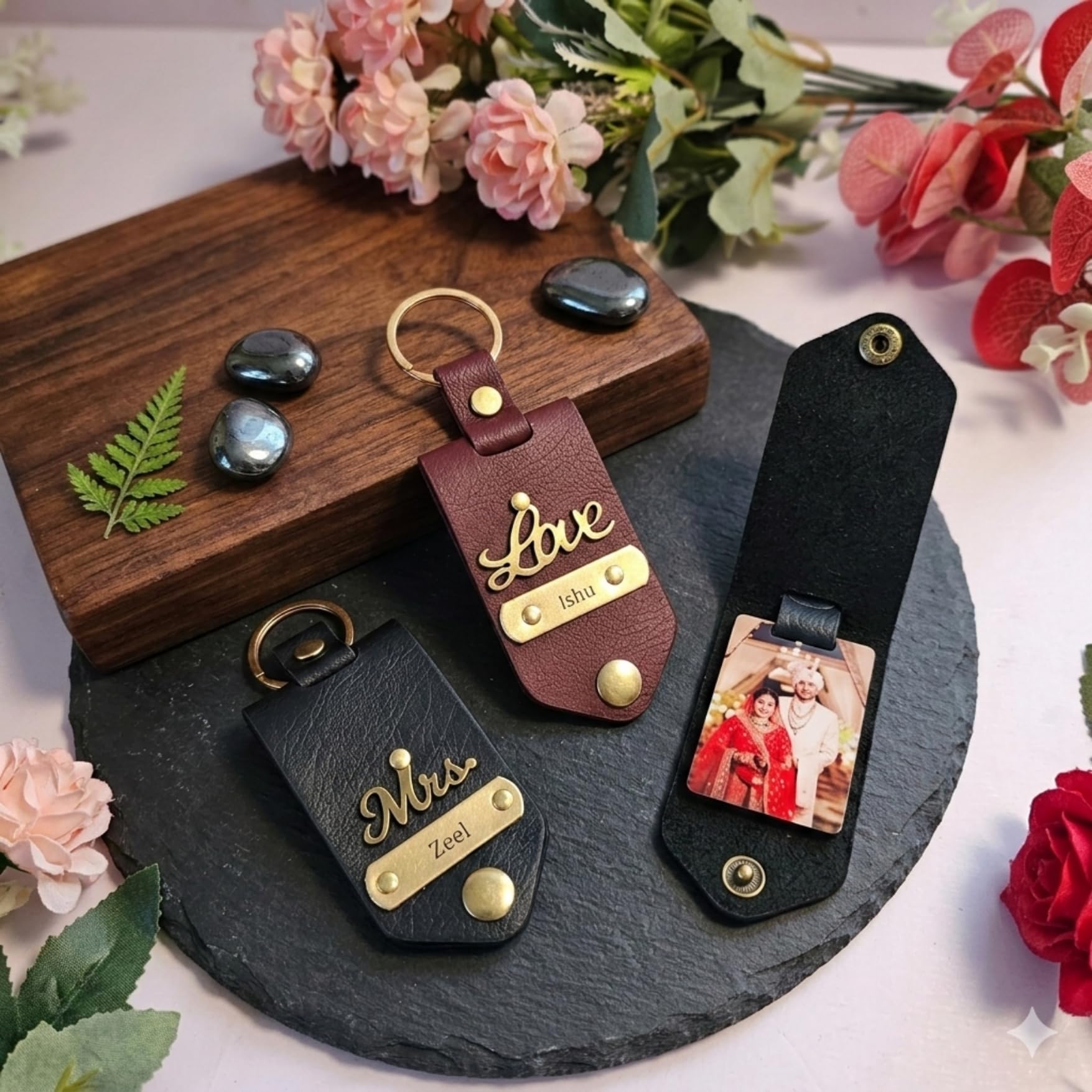 The Bae Gift Personalised Vegan Leather Keychain with Custom Name and Photo Slot, Unisex Modern Style - close-up detail