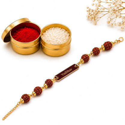 The Bae Gift Personalized Rudraksha Rakhi Bracelet with Name, Radha Bracelet for Brother, Customized ID Bracelet with Rudraks