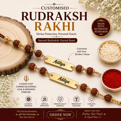 The Bae Gift Personalized Rudraksha Rakhi Bracelet with Name, Radha Bracelet for Brother, Customized ID Bracelet with Rudraks
