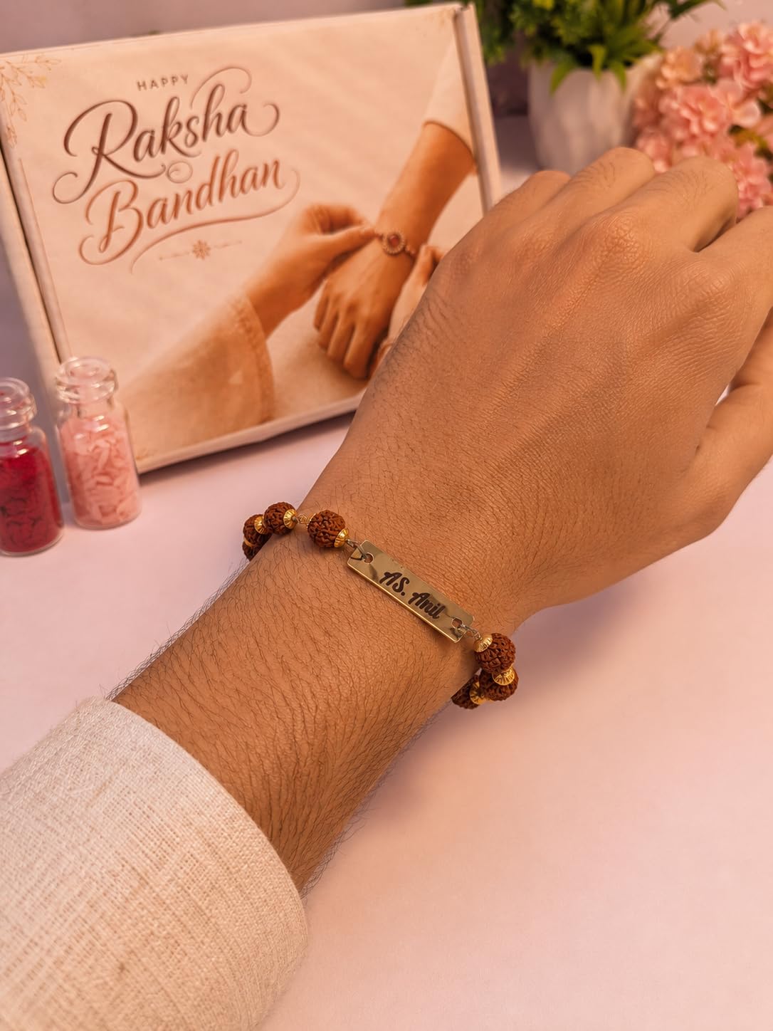 The Bae Gift Personalized Rudraksha Rakhi Bracelet with Name, Radha Bracelet for Brother, Customized ID Bracelet with Rudraks