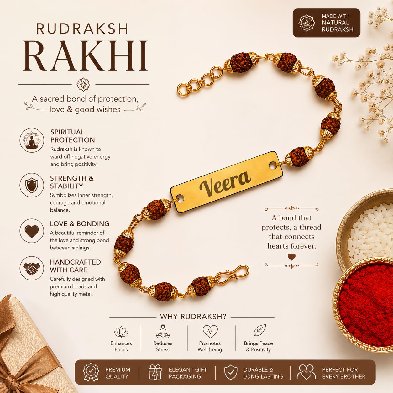 The Bae Gift Personalized Rudraksha Rakhi Bracelet with Name, Radha Bracelet for Brother, Customized ID Bracelet with Rudraks