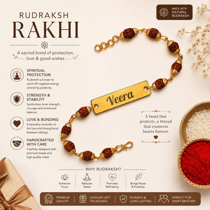 The Bae Gift Personalized Rudraksha Rakhi Bracelet with Name, Radha Bracelet for Brother, Customized ID Bracelet with Rudraks