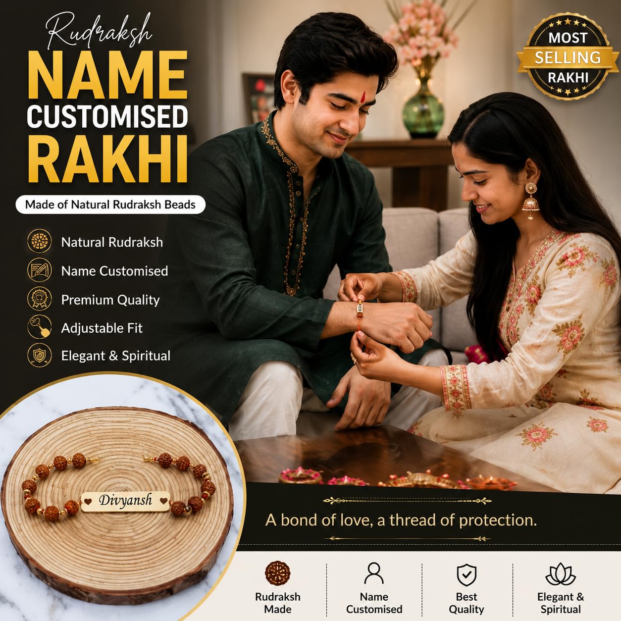 The Bae Gift Personalized Rudraksha Rakhi Bracelet with Name, Radha Bracelet for Brother, Customized ID Bracelet with Rudraks