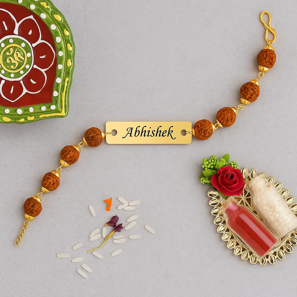 The Bae Gift Personalized Rudraksha Rakhi Bracelet with Name, Radha Bracelet for Brother, Customized ID Bracelet with Rudraks