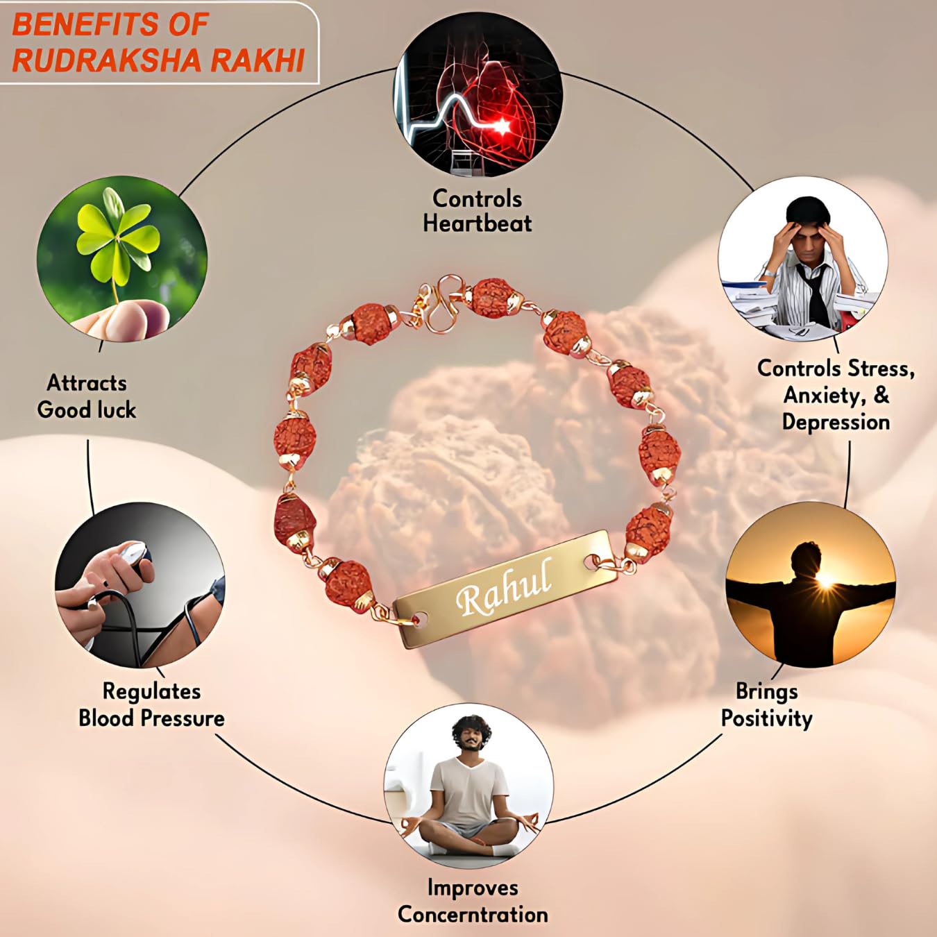 The Bae Gift Personalized Rudraksha Rakhi Bracelet with Name, Radha Bracelet for Brother, Customized ID Bracelet with Rudraks