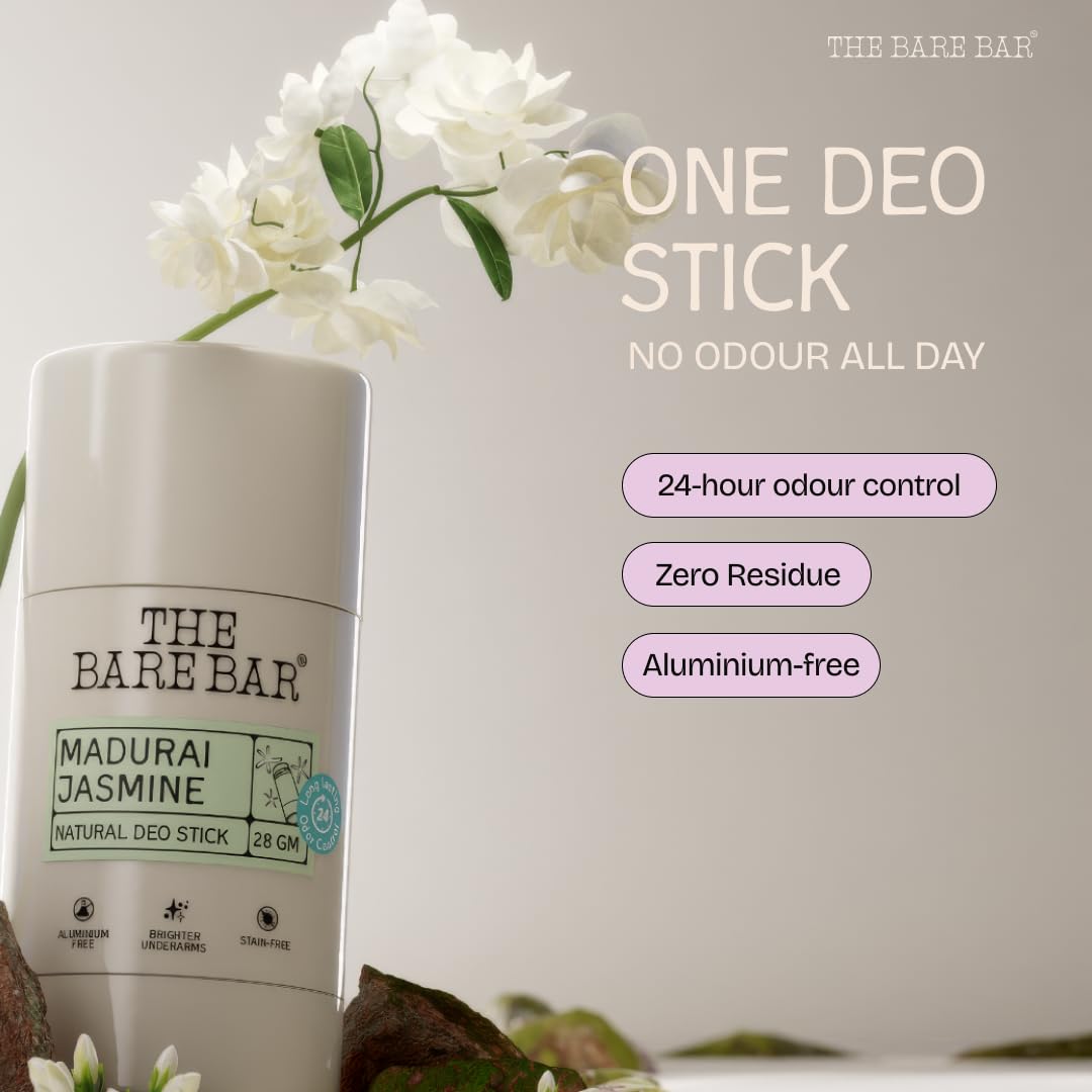 The Bare Bar Madurai Jasmine Natural Deodorant Stick, 28g, Aluminium-Free, Baking Soda-Free, Unisex - packaging