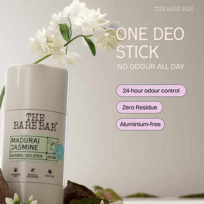 The Bare Bar Madurai Jasmine Natural Deodorant Stick, 28g, Aluminium-Free, Baking Soda-Free, Unisex - packaging