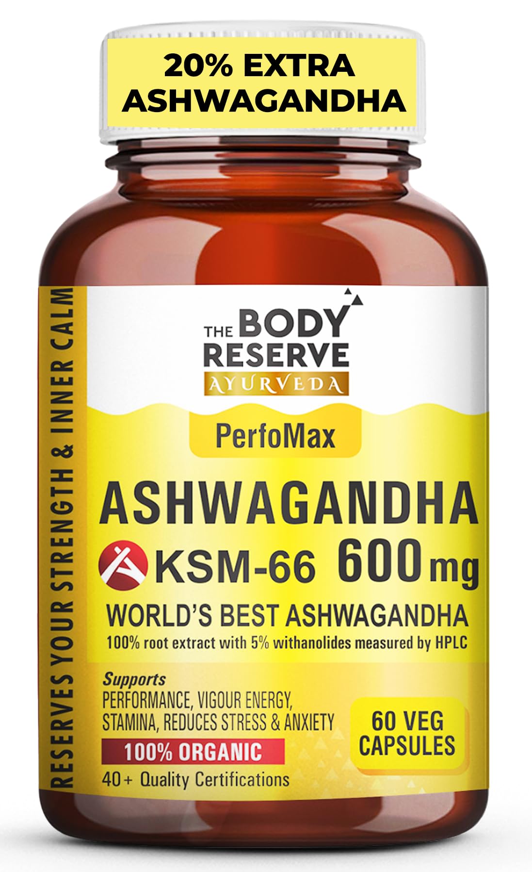The Body Reserve Ashwagandha KSM-66 Capsules, 600 mg, 60 Count, Vegan Organic Root Extract