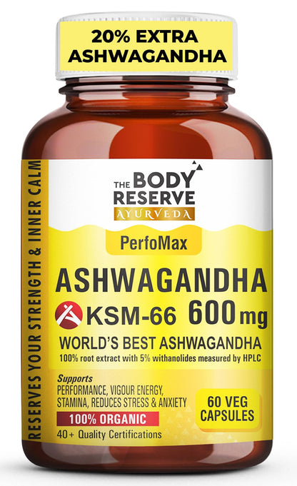 The Body Reserve Ashwagandha KSM-66 Capsules, 600 mg, 60 Count, Vegan Organic Root Extract
