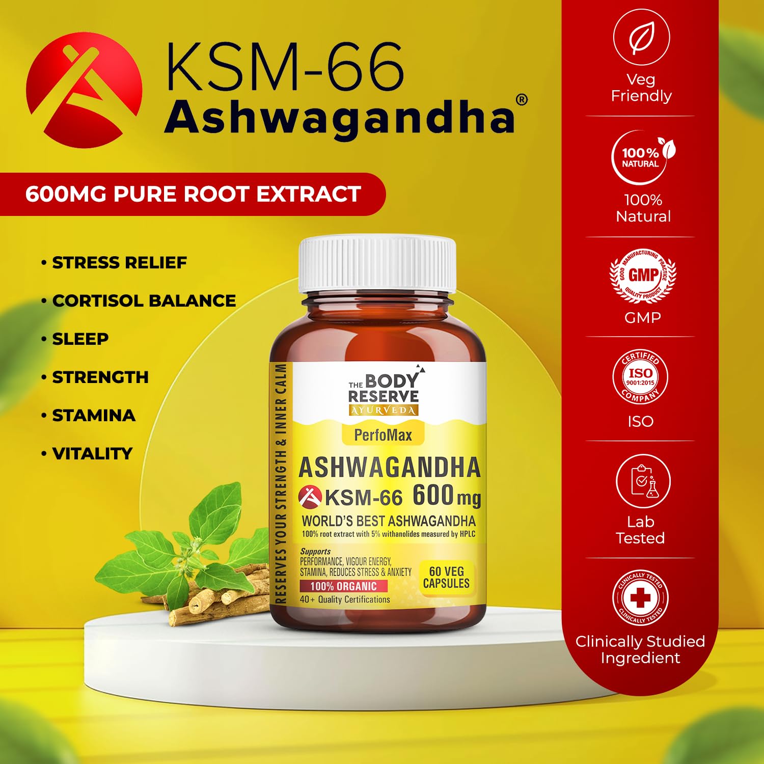 The Body Reserve Ashwagandha KSM-66 Capsules, 600 mg, 60 Count, Vegan Organic Root Extract - back view