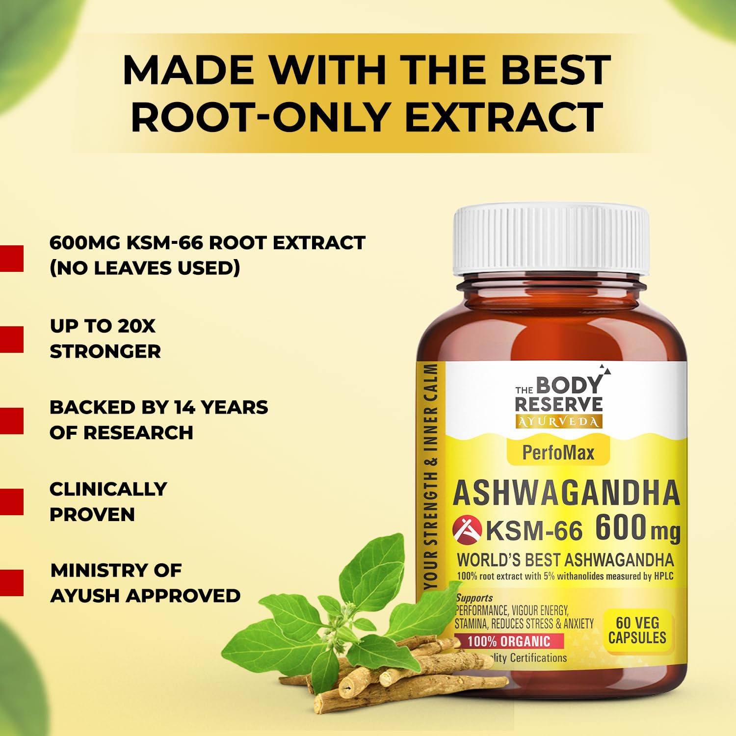The Body Reserve Ashwagandha KSM-66 Capsules, 600 mg, 60 Count, Vegan Organic Root Extract - packaging