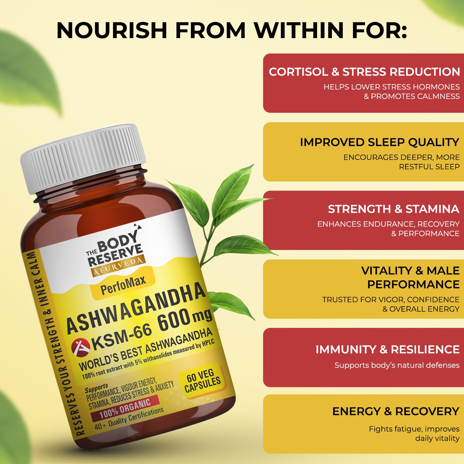The Body Reserve Ashwagandha KSM-66 Capsules, 600 mg, 60 Count, Vegan Organic Root Extract - ingredients panel