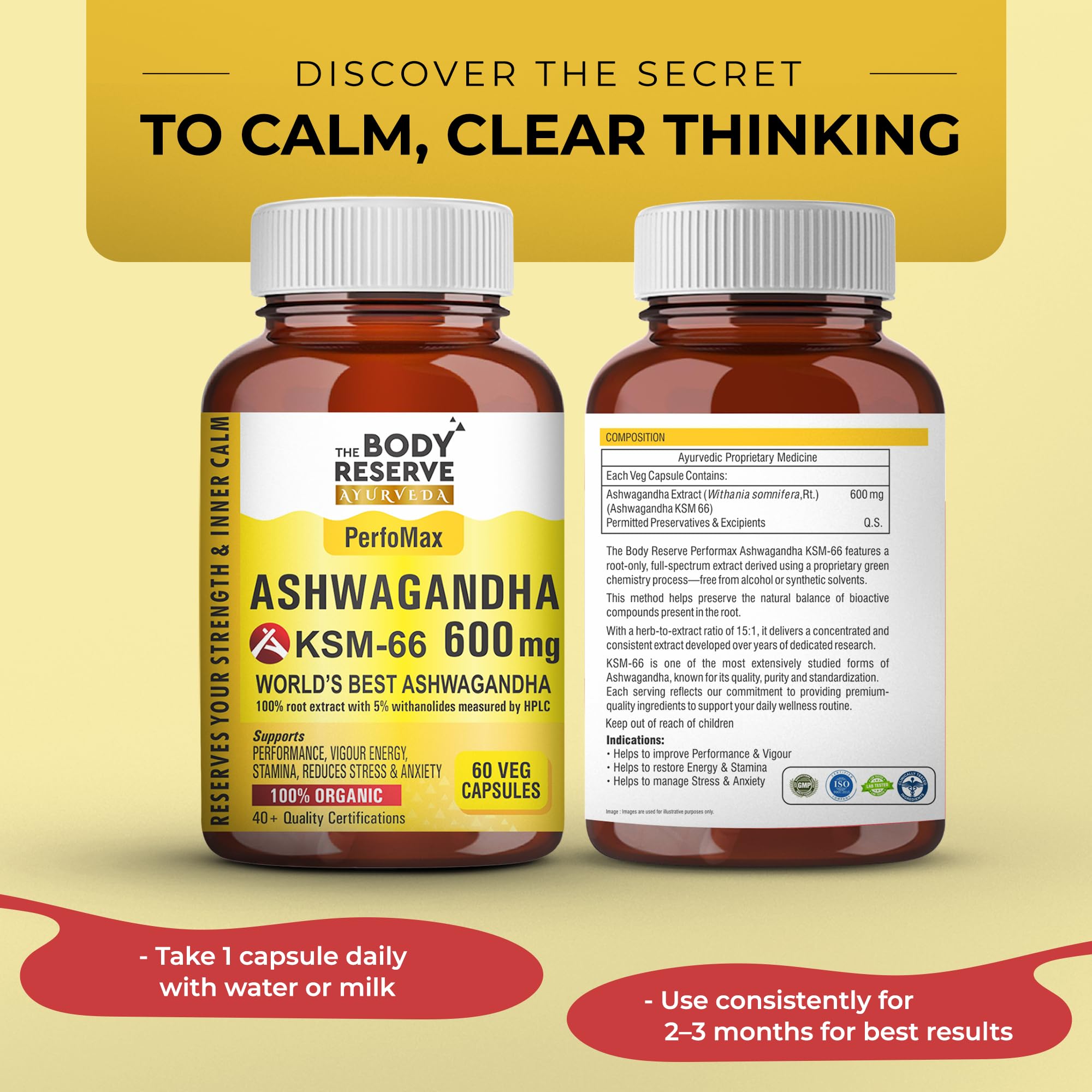 The Body Reserve Ashwagandha KSM-66 Capsules, 600 mg, 60 Count, Vegan Organic Root Extract - in use