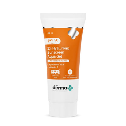The Derma Co 1% Hyaluronic Sunscreen Aqua Gel SPF 50 PA++++, Broad Spectrum Sunscreen, Hydrating, Fragrance-Free