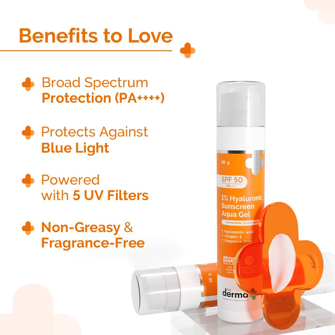 The Derma Co 1% Hyaluronic Sunscreen Aqua Gel SPF 50 PA++++, Broad Spectrum Sunscreen, Hydrating, Fragrance-Free - label deta