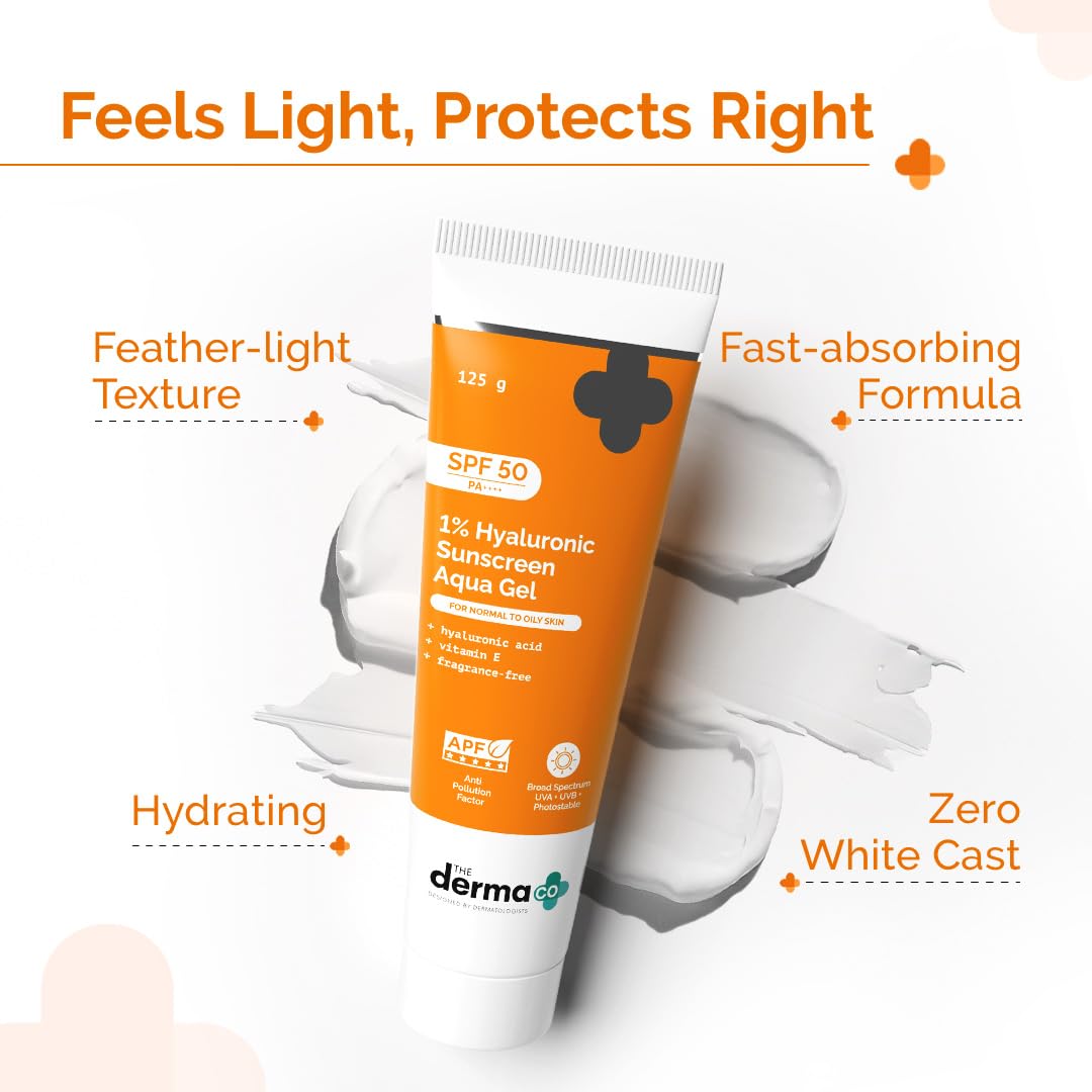 The Derma Co 1% Hyaluronic Sunscreen Aqua Gel SPF 50 PA++++, Broad Spectrum Sunscreen, Hydrating, Fragrance-Free - label deta