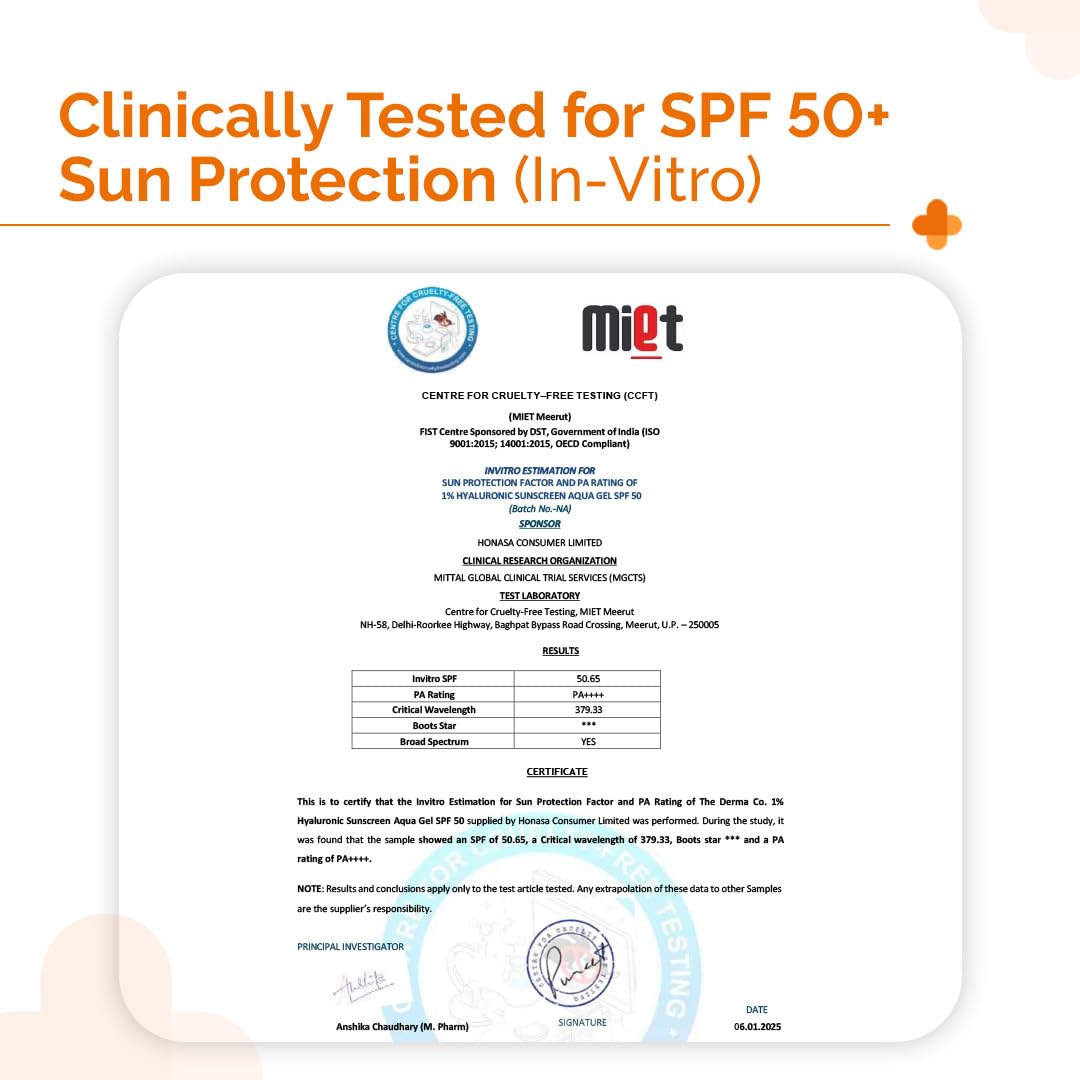 The Derma Co 1% Hyaluronic Sunscreen Aqua Gel SPF 50 PA++++, Broad Spectrum Sunscreen, Hydrating, Fragrance-Free - size and s