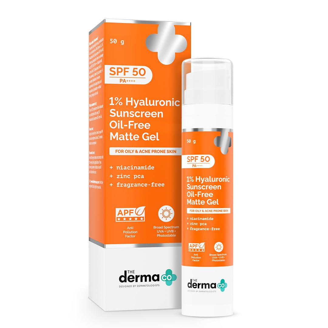 The Derma Co 1% Hyaluronic Sunscreen Oil-Free Matte Gel SPF 50 PA++++ for Oily Acne-Prone Skin