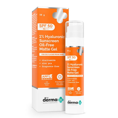 The Derma Co 1% Hyaluronic Sunscreen Oil-Free Matte Gel SPF 50 PA++++ for Oily Acne-Prone Skin