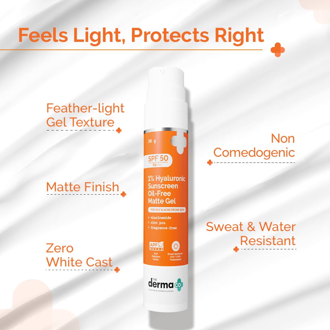 The Derma Co 1% Hyaluronic Sunscreen Oil-Free Matte Gel SPF 50 PA++++ for Oily Acne-Prone Skin - label detail