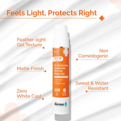 The Derma Co 1% Hyaluronic Sunscreen Oil-Free Matte Gel SPF 50 PA++++ for Oily Acne-Prone Skin - label detail