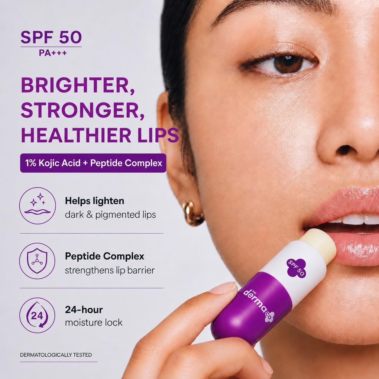 The Derma Co 1% Kojic Acid Lip Balm with SPF 50 PA+++, Arbutin and Peptide Complex, 4.5g - front view