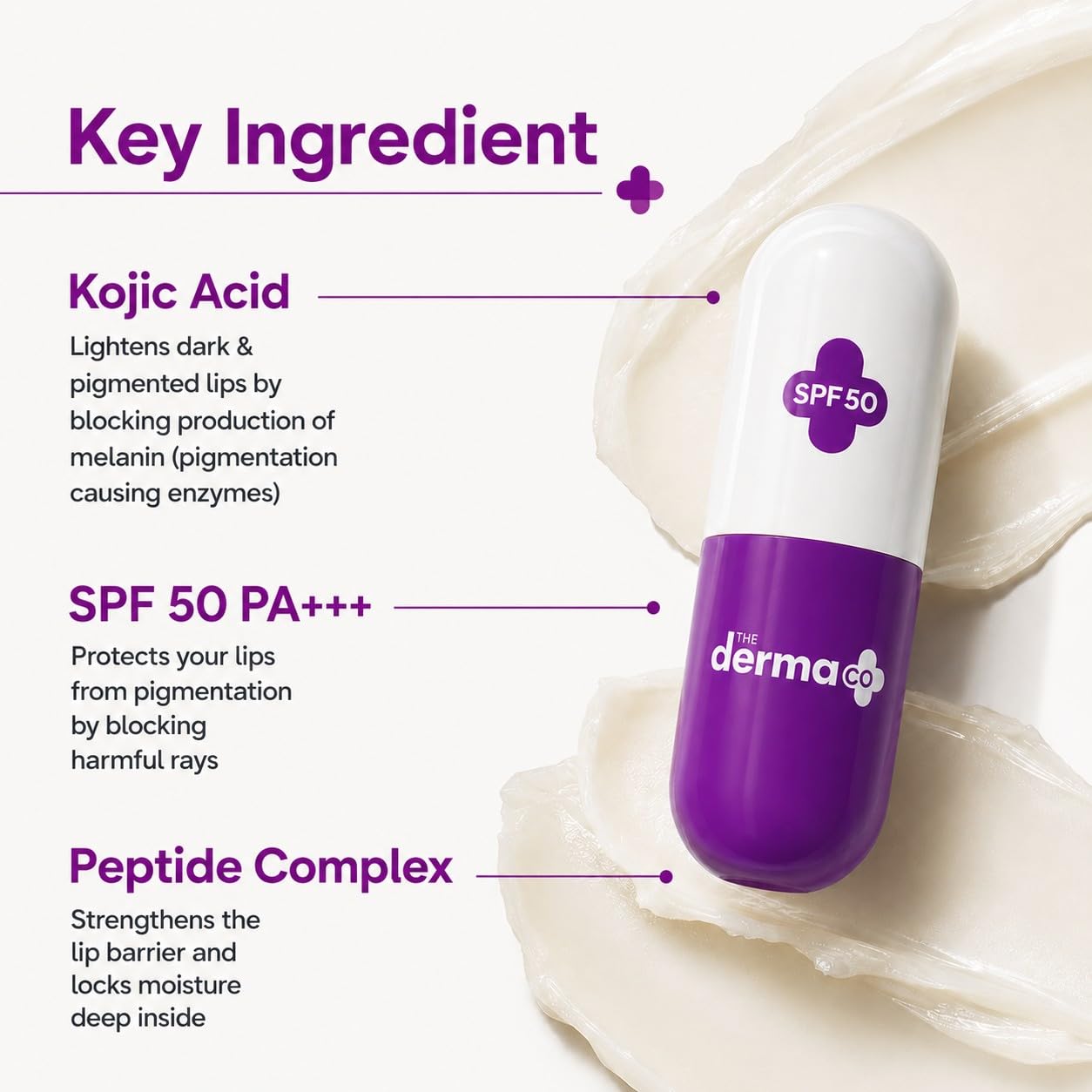 The Derma Co 1% Kojic Acid Lip Balm with SPF 50 PA+++, Arbutin and Peptide Complex, 4.5g - back view