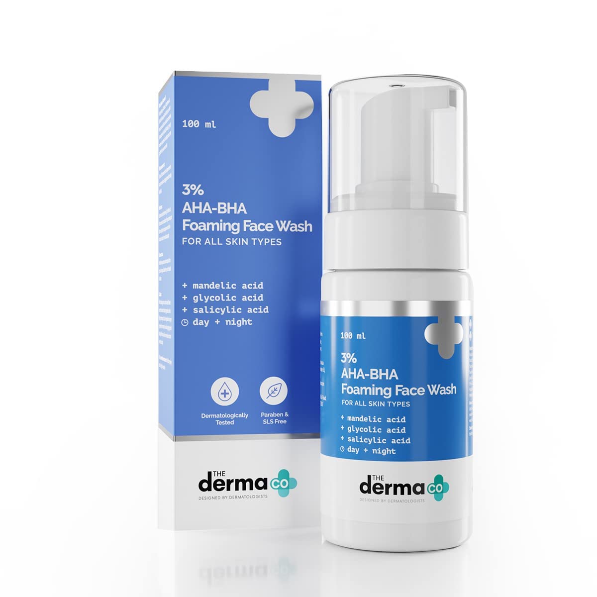 The Derma Co 3% AHA+BHA Foaming Daily Face Wash, 100ml, Salicylic Acid, Glycolic Acid, Mandelic Acid, Unisex Cleanser