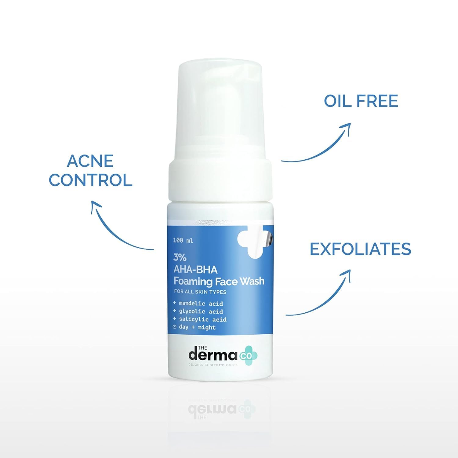The Derma Co 3% AHA+BHA Foaming Daily Face Wash, 100ml, Salicylic Acid, Glycolic Acid, Mandelic Acid, Unisex Cleanser - front