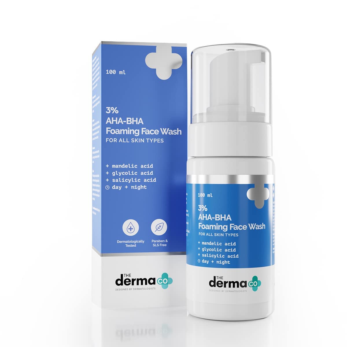 The Derma Co 3% AHA+BHA Foaming Daily Face Wash, 100ml, Salicylic Acid, Glycolic Acid, Mandelic Acid, Unisex Cleanser - packa